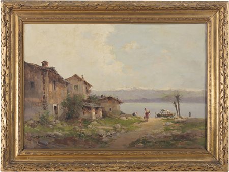 Anacleto Moiraghi (1880-1943), Olio su tela, Paesaggio lacustre con figure...