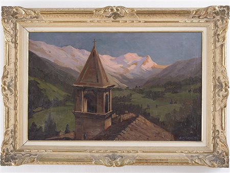 Angelo Maria Crepet (1885-1974), Olio su tela, Paeaggio montano con campanile...