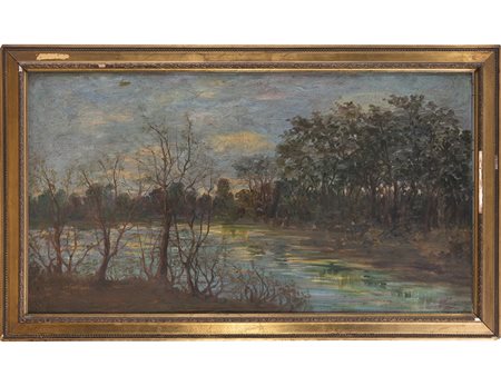 Nicola Laurenti (1873-1943), Olio su compensato, Riflessi sul fiume 56x100 cm