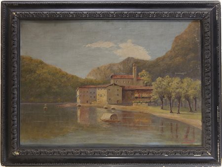 Firma illeggibile (XX secolo), Olio su compensato, Paesaggio lacustre 70x100 cm