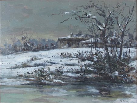 Garzia Fioresi (1888-1968), Olio su cartoncino, Nevicata 35x45 cm