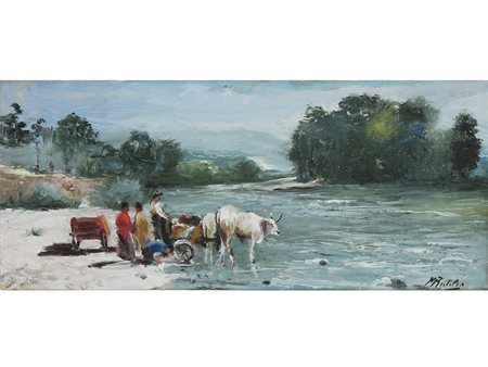 Rutilio Muti (1904-1995), Olio su compensto, Paesaggio fluviale con figure e...