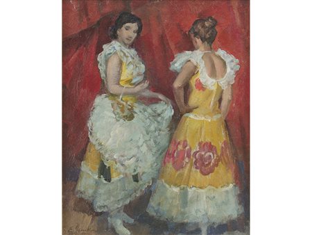 Emilio Nembrini (1912-2002), Olio su cartoncino, Le ballerine del circo 50x40 cm