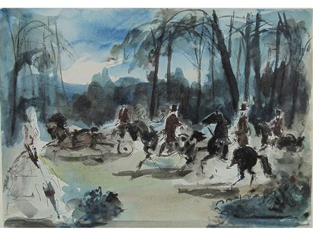 Leonardo Stroppa (1900-1991), Acquarello su carta, Nel parco 25x35 cm