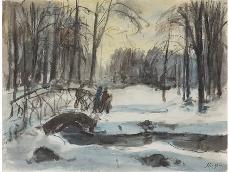 Leonardo Stroppa (1900-1991), Acquarello su carta, Nevicata con figure 27x34 cm