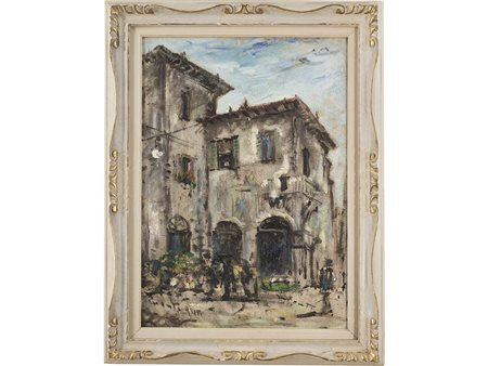 Cesarino Monti (1916-1979), Olio su tela, Piazzetta del mercato 70x50 cm