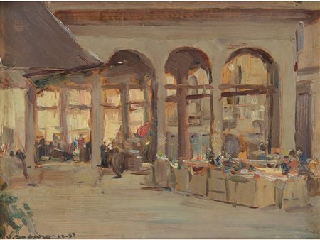 Oscar Sogaro (1888–1967), Olio su cartoncino, Paesaggio con figure 23x33 cm