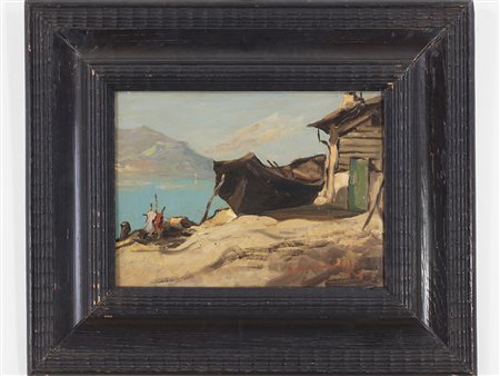 Luigi Belluzzi della Mainolda (XX secolo), Olio su cartoncino, Barcone a...