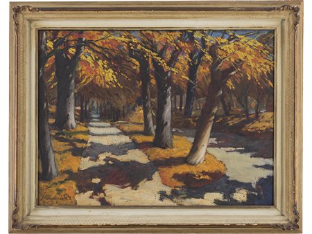 Emil Lindenfeld (1905-1986), Olio su tela, Viale alberato 60x80 cm