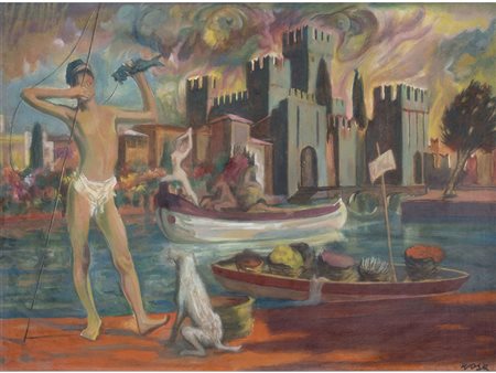 Tino Rosa (1906-1985), Olio su cartoncino, Castello di Sirmione con figure...