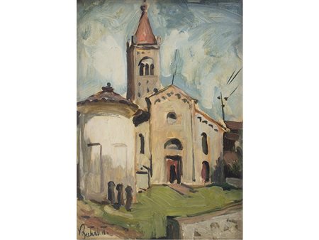 Autore non identificato (XX secolo), Olio su faesite, Chiesetta con campanile...