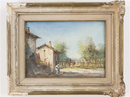 Athos Renzo Brioschi (1922-2000), Olio su tela, Paesaggio con figura 25x35 cm