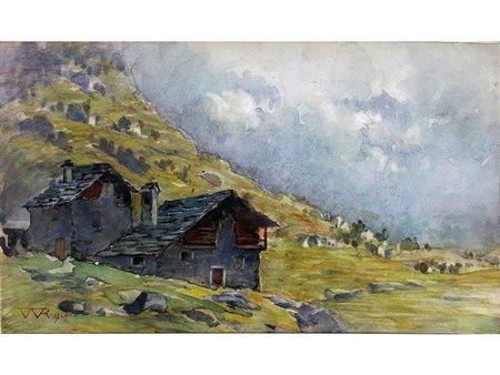 Renzo Weiss (1856-1931), Acquarello su carta, Baite di montagna 40x68 cm
