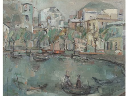 Amleto Romele (1939-1975), Olio su tela, Porticciolo 72x92 cm