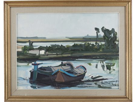 Carlo Marconi (1934), Olio su tela, Paesaggio con barche 60x80 cm