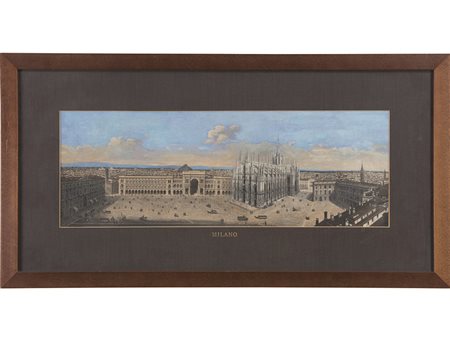Anonimo (XIX secolo), Stampa acquarellata, Milano 20,5x57 cm