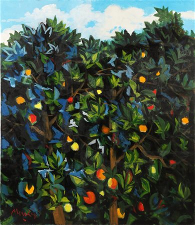 MESCHIS RENZO (n. 1945) Aranceto. 2017. Olio su tela . Cm 70,00 x 80,00....