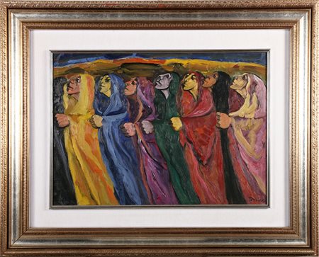 TERRUSO SAVERIO (1939 - 2003) Oranti. Olio su tela . Cm 70,00 x 50,00. Firma...