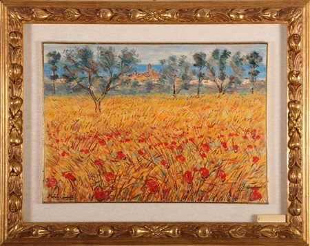 CASCELLA MICHELE (1892 - 1989) Campo di grano con papaveri. Olio su tela . Cm...