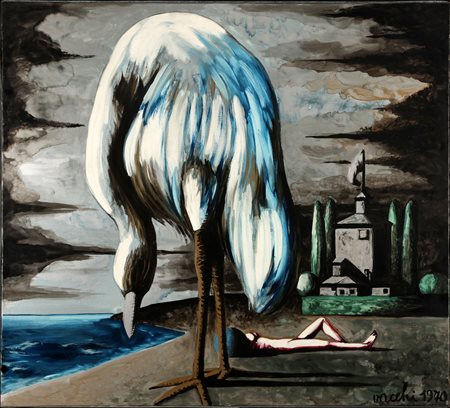 VACCHI SERGIO (n. 1925) La notte del cigno. 1970. Olio su tela . Cm 100,00 x...