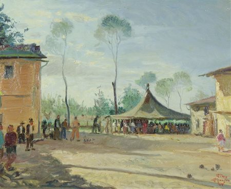 Pittore del '900 "Festa di paese" cm. 40x50 - olio Firmato b. a d.