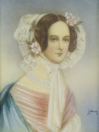 Lotto di 2 miniature dipinte raffiguranti gentildonne, entrambe firmate ed...