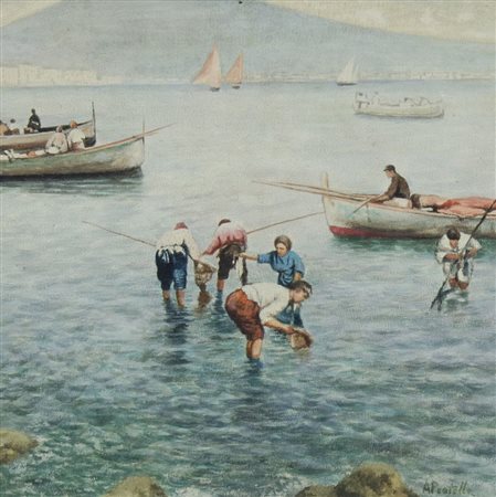 Pittore dell'800 "Marina con pescatori" cm. 33x34 - olio su tavola Firmato...