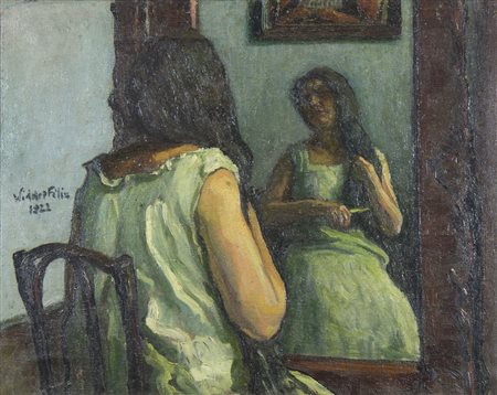 Pittore fine '800 "Allo specchio" cm. 58x74 - olio su tela Firmato a s. e...