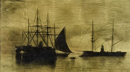 Lotto di 2 incisioni su vetro dorato raffiguranti marine. cm. 23x41 e cm. 22x37.