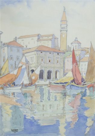 Giorgio Tamaro Attivo ai primi '900 "Veduta di Pirano" cm. 40x28 - acquerello...
