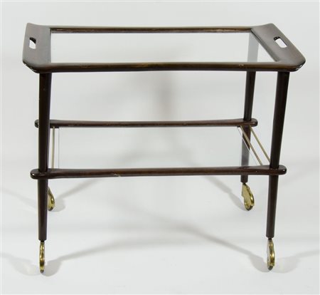 Carrello a 2 ripiani in legno e vetro, con ruote.