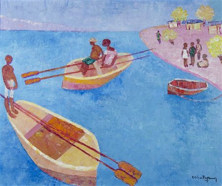 Pittore anni '70 "Festa sulla spiaggia" cm. 50x60 - olio su cartone