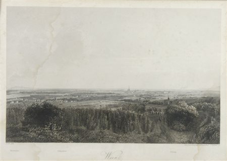 Lotto di 3 stampe raffiguranti vedute di Trieste e Vienna, misure diverse.