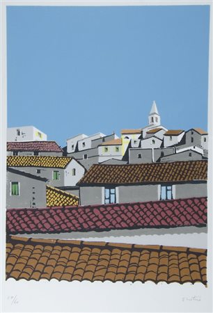 Enotrio Pugliese 1920-1988 "Tetti" cm. 70x50 - litografia a colori Firmato b....