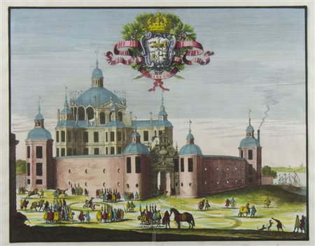 Antica incisione a colori raffigurante castello. cm. 30x40.