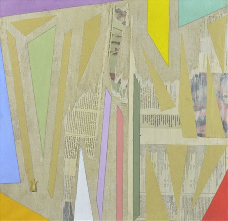 Lotto di 2 collage e pittura su tela, cm. 40x40.