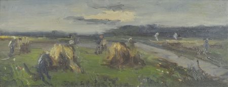 Giovanni Balansino 1912-1986 "Raccolta del grano" cm. 20x50 - olio su faesite...