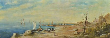 Pittore del '900 "La conquista dell'isola" cm. 40x110 - olio su tela