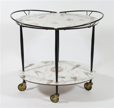 Carrello a 2 ripiani su struttura in metallo nero. Anni '60.