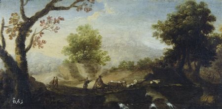 Maestro del XIX secolo "Paesaggio con pastori" cm. 26x51 - olio su tela su...