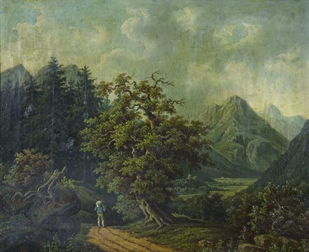 Maestro del XIX secolo "Viandante nel bosco" cm. 37x45 - olio su tela