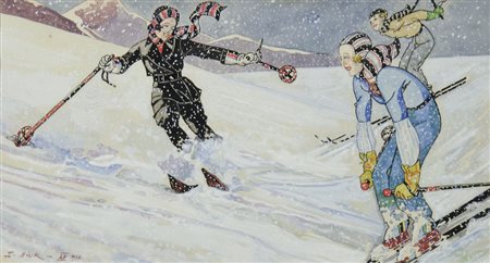 Ernesto Dick Trieste 1889-1959 "Sciatrici" cm. 18x32 - tempera su carta...