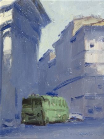 Nicola Sponza Corfù 1914-Trieste 1996 "Bus in Piazza della Borsa" cm. 18x14 -...