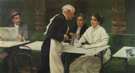 Eduardo Sanchez Sola 1869-1949 "Bevanda calda al Caffè" cm. 50x90 - olio su...