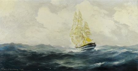 Rodolfo Claudus 1893-1964 "Veliero in alto mare" cm. 32x60 - olio su tavola...