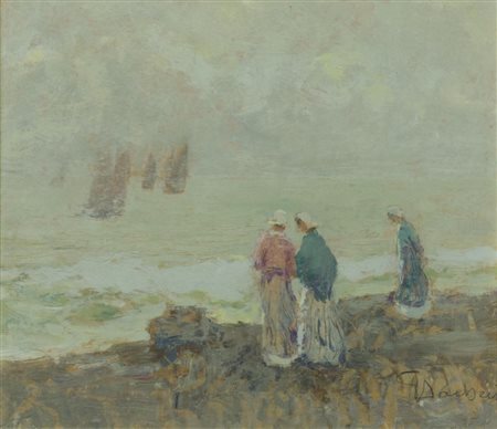 Giuseppe Sacheri 1863-1950 "Barche in lontananza" cm. 23x28 - olio su cartone...