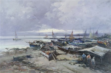 Claudio Simonetti 1929 "Pescatori, preparativi per la pesca" cm. 60x93 - olio...