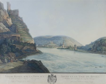 Lotto di 4 grandi incisioni a colori raffiguranti vedute del Reno. Incorniciate.