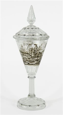 Grande bicchiere con coperchio inciso e smaltato raffigurante scena di...
