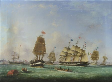 Maestro del XIX secolo "Velieri al largo" cm. 53x73 - olio su tela